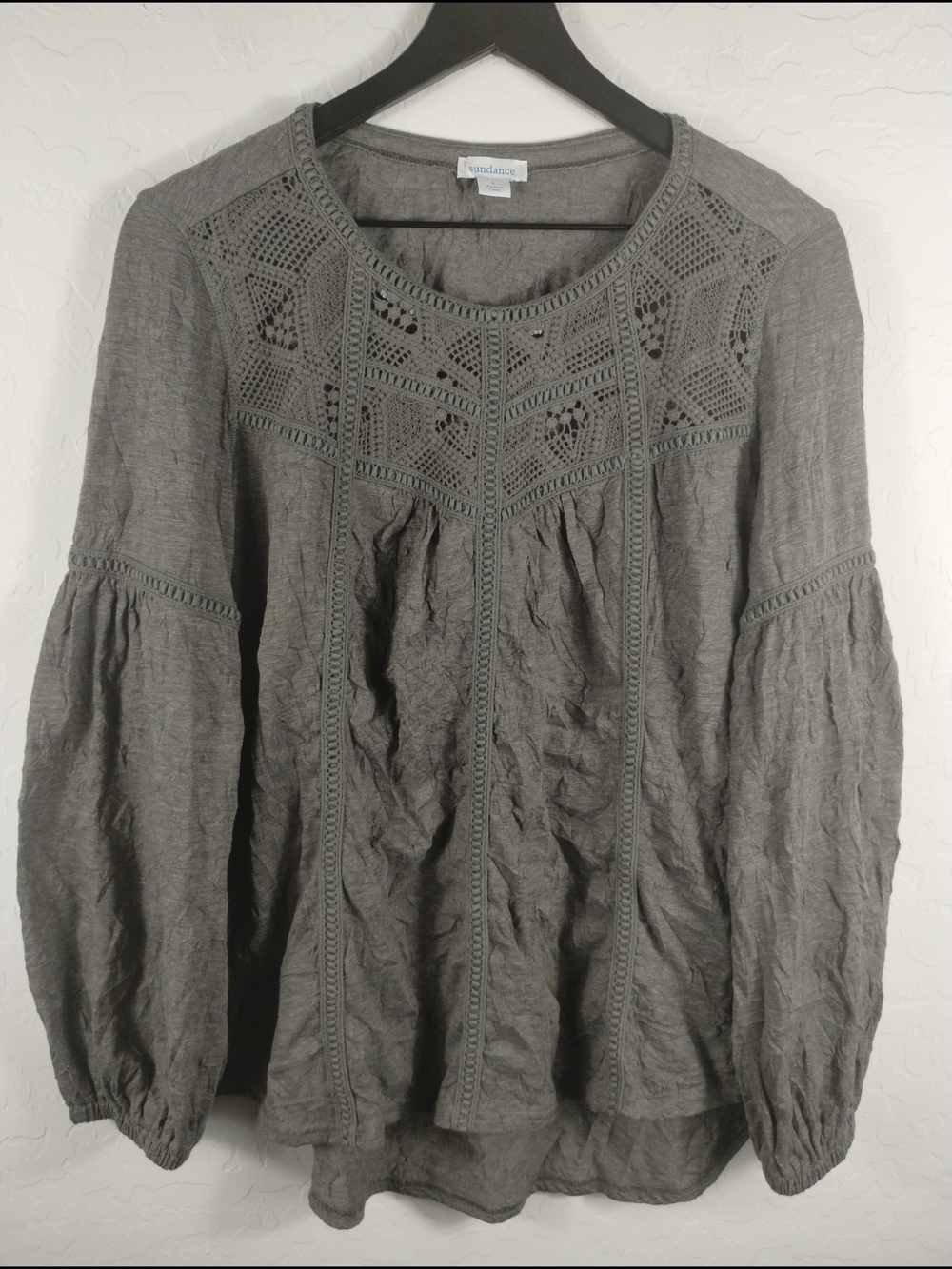 Sundance Green Crochet Yoke Long Sleeve Blouse